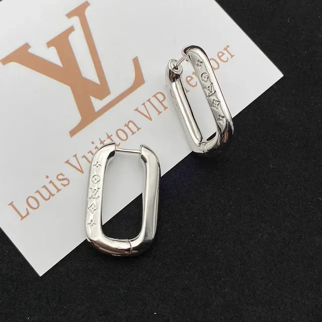 Louis Vuitton Monogram Hoop Silver Rectangular Polished Metal Earrings 4