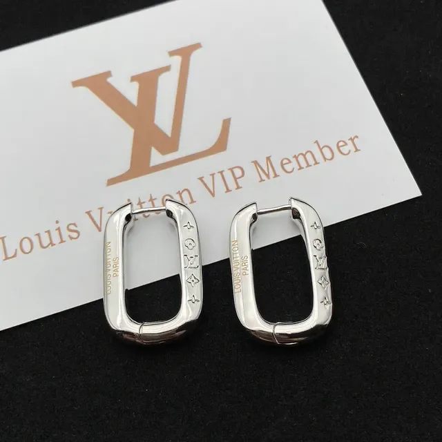 Louis Vuitton Monogram Hoop Silver Rectangular Polished Metal Earrings 5