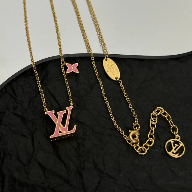 Louis Vuitton Monogram Jewelry Gold Pink Chain Enameled Pendant Necklace 2