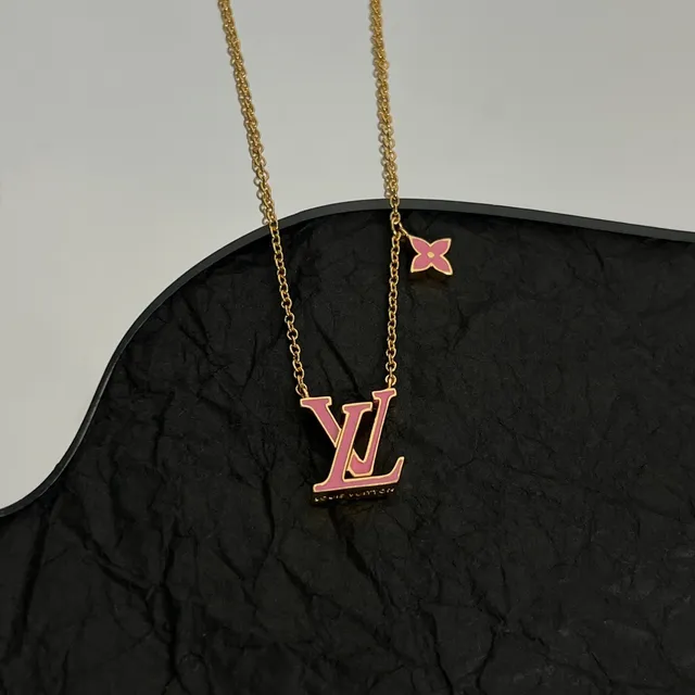 Louis Vuitton Monogram Jewelry Gold Pink Chain Enameled Pendant Necklace 3