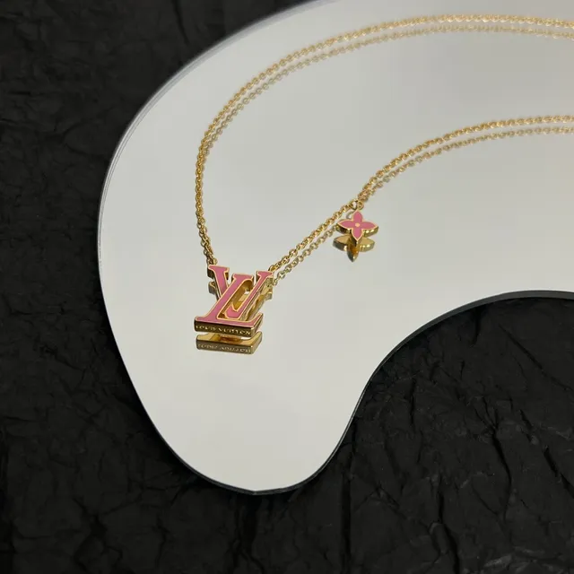 Louis Vuitton Monogram Jewelry Gold Pink Chain Enameled Pendant Necklace 4