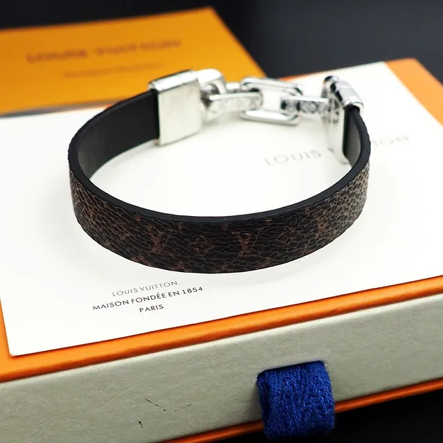 Louis Vuitton Monogram Leather and Silver-Tone Chain Bracelet 5