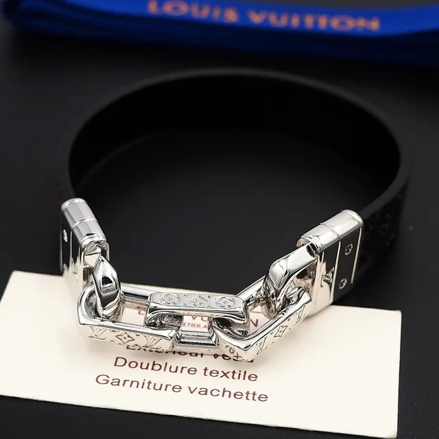 Louis Vuitton Monogram Leather and Silver-Tone Chain Bracelet 7