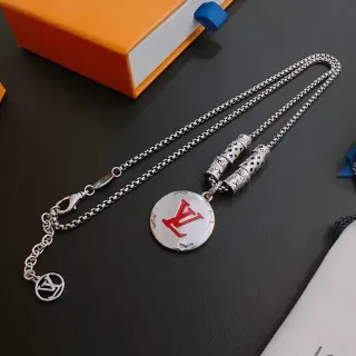 Louis Vuitton Monogram Pendant Necklace Silver Red Chain Circular Necklace