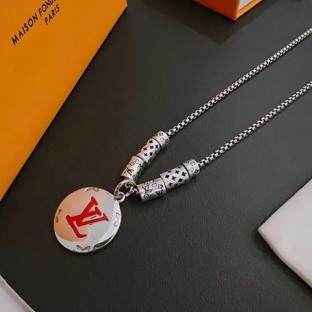 Louis Vuitton Monogram Pendant Necklace Silver Red Chain Circular Necklace 3