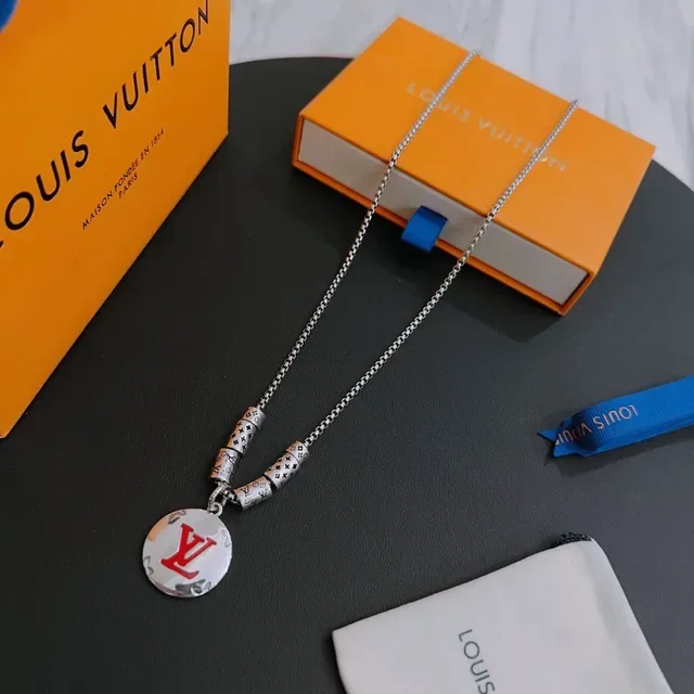 Louis Vuitton Monogram Pendant Necklace Silver Red Chain Circular Necklace 5