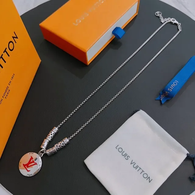 Louis Vuitton Monogram Pendant Necklace Silver Red Chain Circular Necklace 6