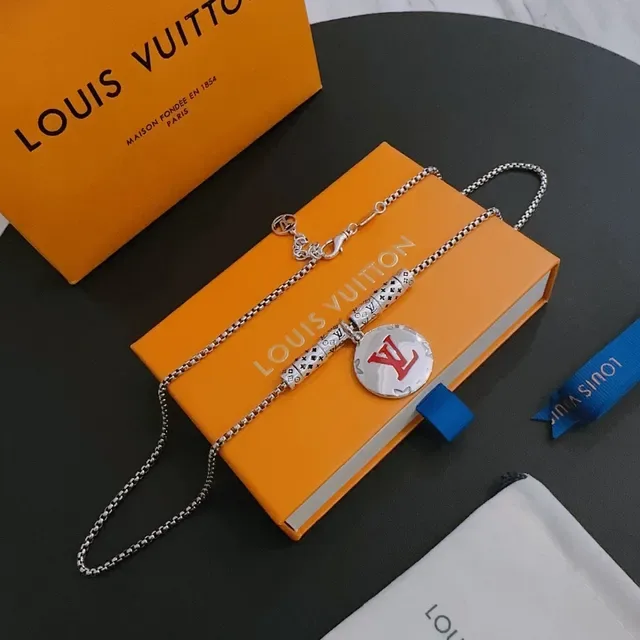 Louis Vuitton Monogram Pendant Necklace Silver Red Chain Circular Necklace 8