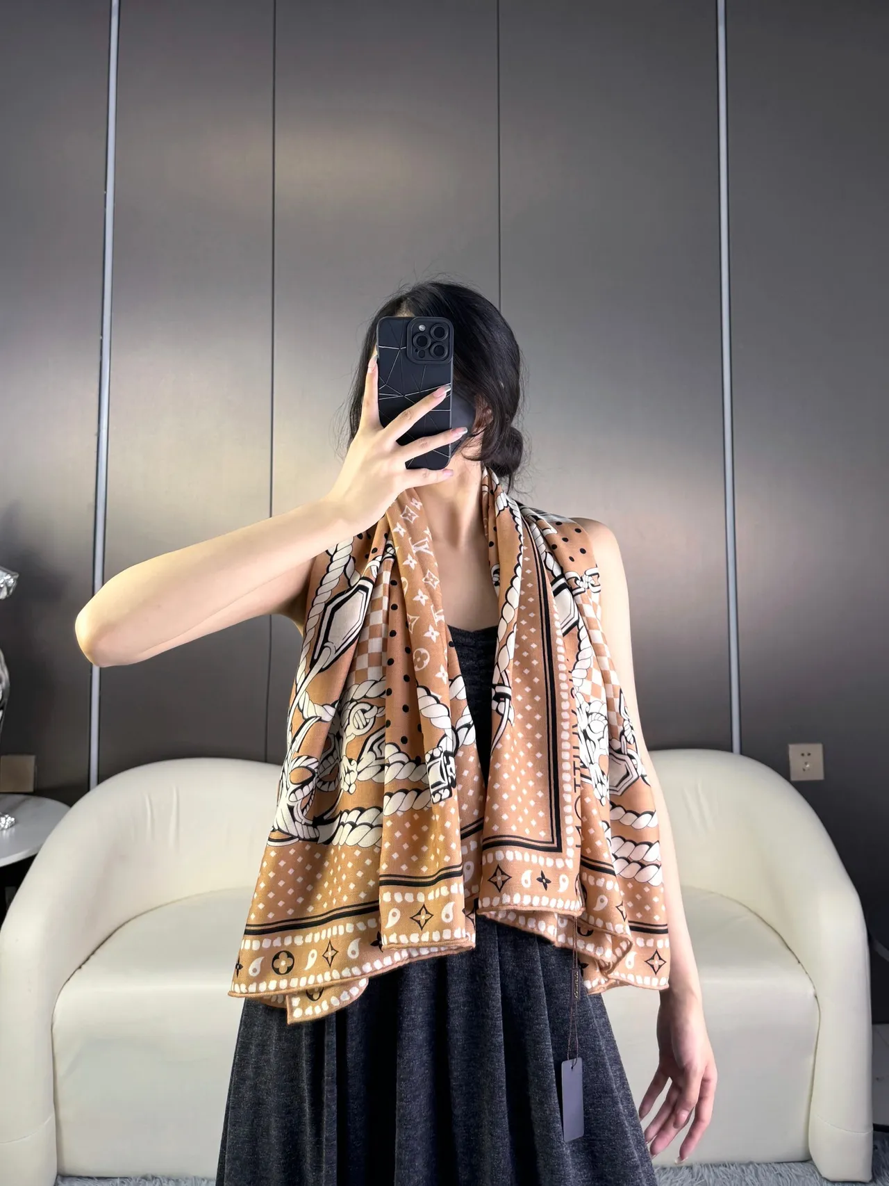 Louis Vuitton Monogram-Print Beige Silk Scarf 2