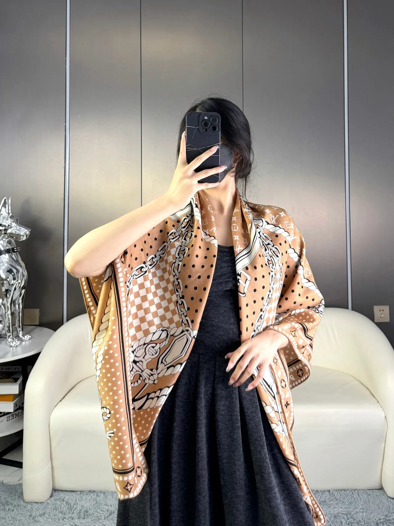 Louis Vuitton Monogram-Print Beige Silk Scarf 4
