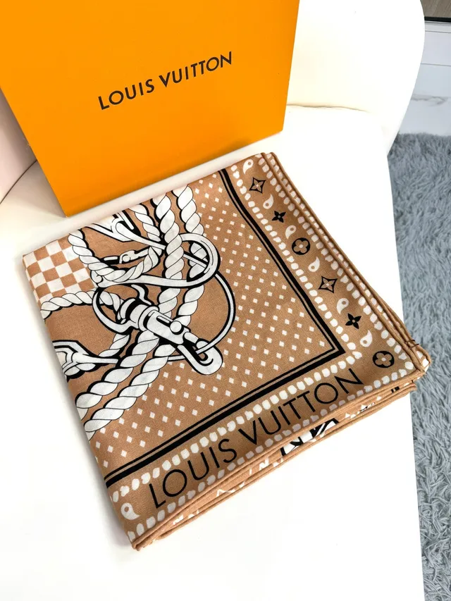 Louis Vuitton Monogram-Print Beige Silk Scarf 6