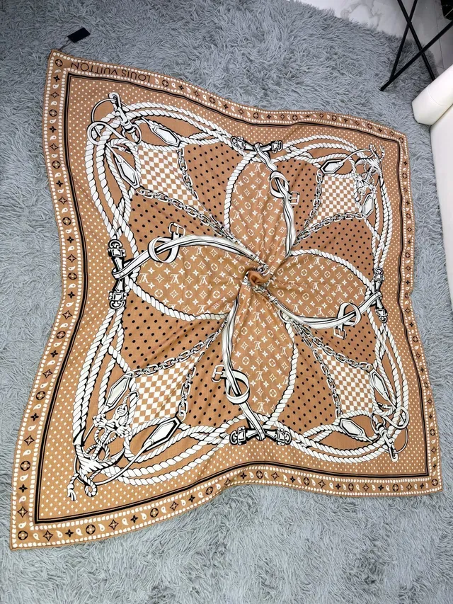 Louis Vuitton Monogram-Print Beige Silk Scarf 7