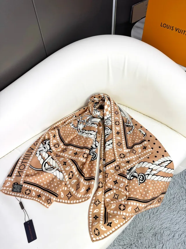 Louis Vuitton Monogram-Print Beige Silk Scarf 9