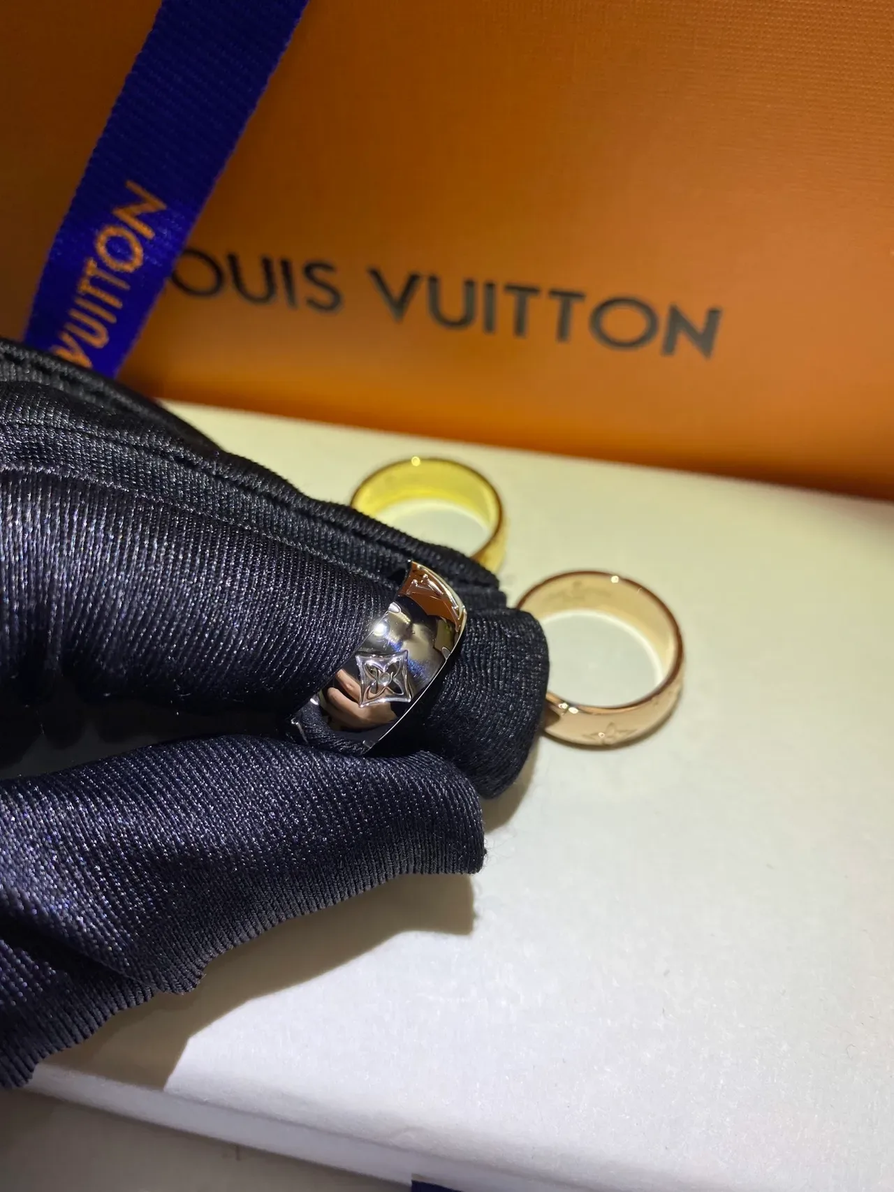 Louis Vuitton Monogram Ring Gold Silver Wide Band Engraved Ring 2