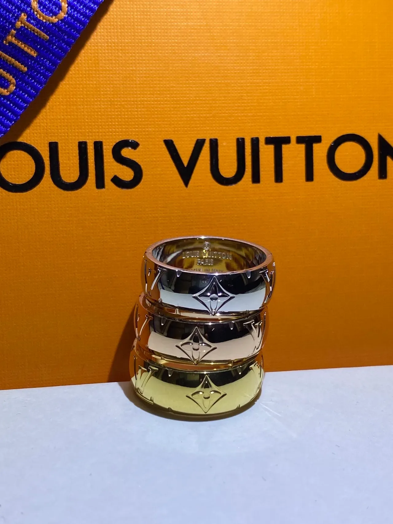 Louis Vuitton Monogram Ring Gold Silver Wide Band Engraved Ring 3