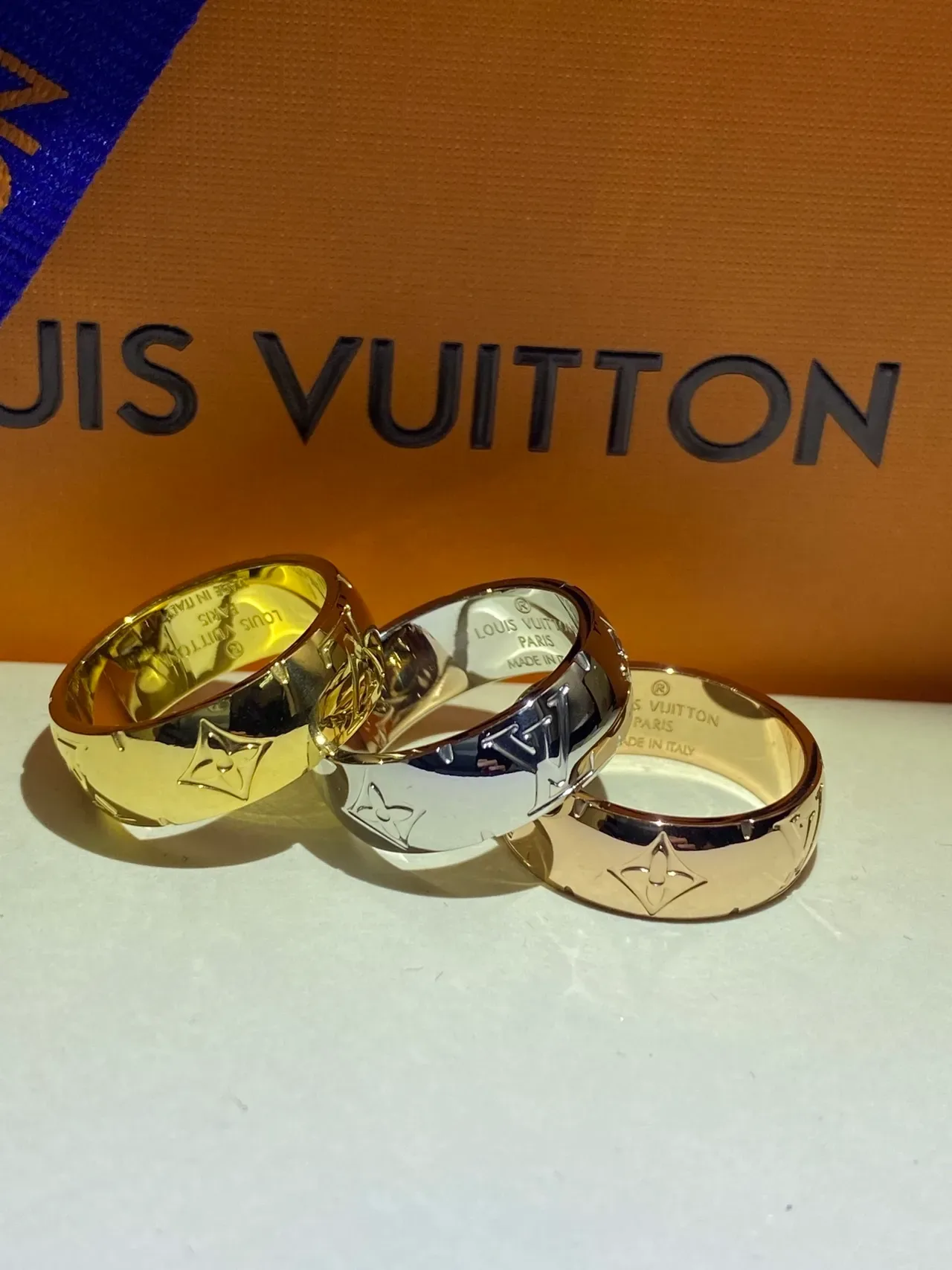 Louis Vuitton Monogram Ring Gold Silver Wide Band Engraved Ring 6