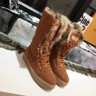 Louis Vuitton Monogram Suede Fur-Trimmed Boot Brown Beige Monogrammed Cuff Knee Boots