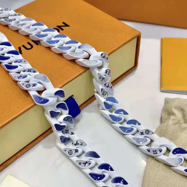 Louis Vuitton Monogram World Tour White Blue Gray Ceramic Chain Necklace 5