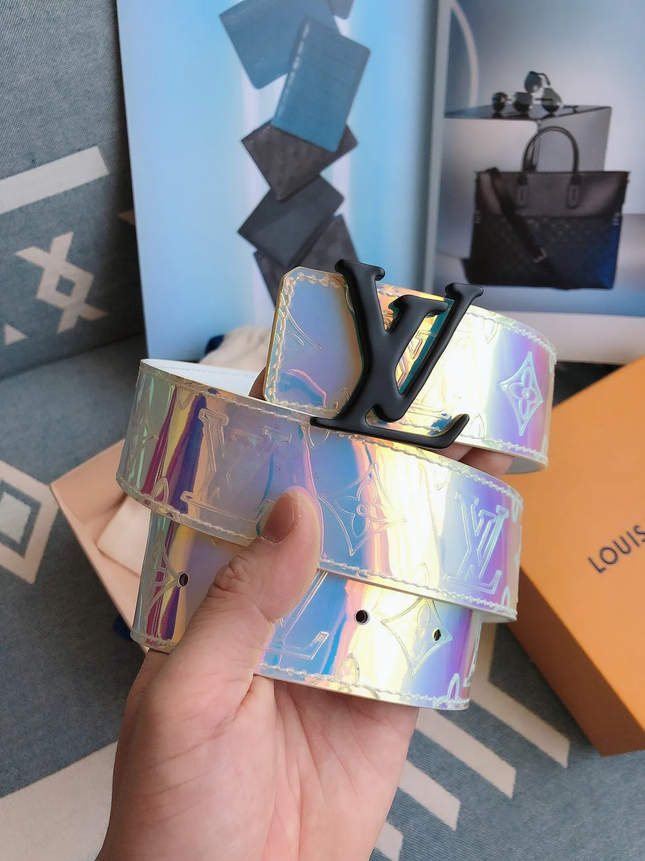 Louis Vuitton Multicolor Black Iridescent Holographic Embossed Monogram Leather Belt 3