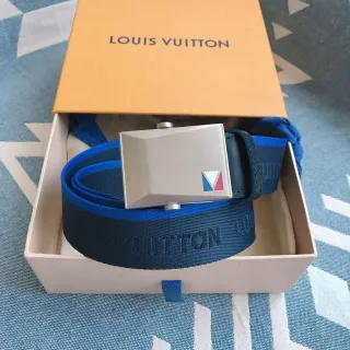 Louis Vuitton Navy Blue Woven Jacquard Strap Brushed Metal Geometric Buckle Canvas Belt
