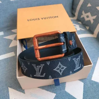 Louis Vuitton Navy Brown Monogram-Printed Copper-Tone Rectangular Buckle Leather Belt