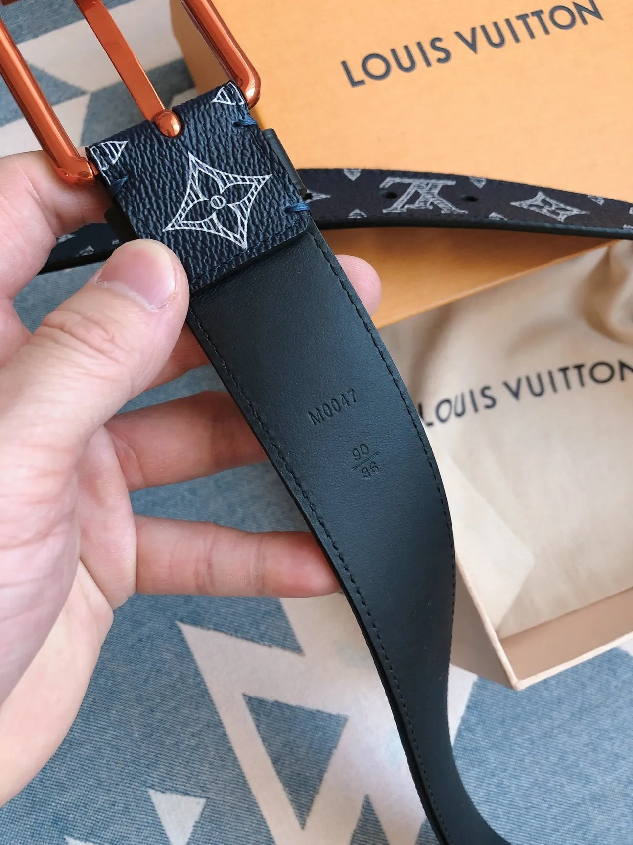 Louis Vuitton Navy Brown Monogram-Printed Copper-Tone Rectangular Buckle Leather Belt 2