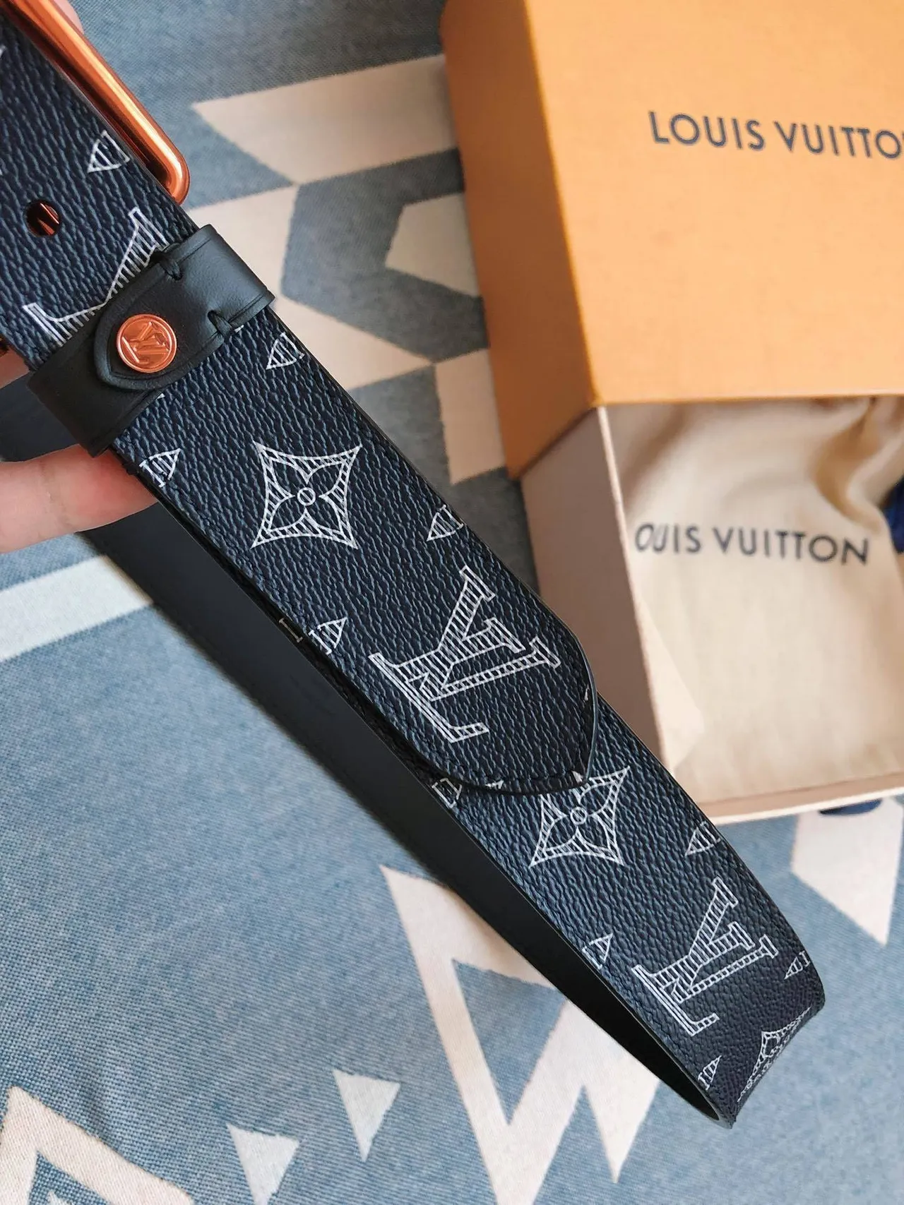 Louis Vuitton Navy Brown Monogram-Printed Copper-Tone Rectangular Buckle Leather Belt 3