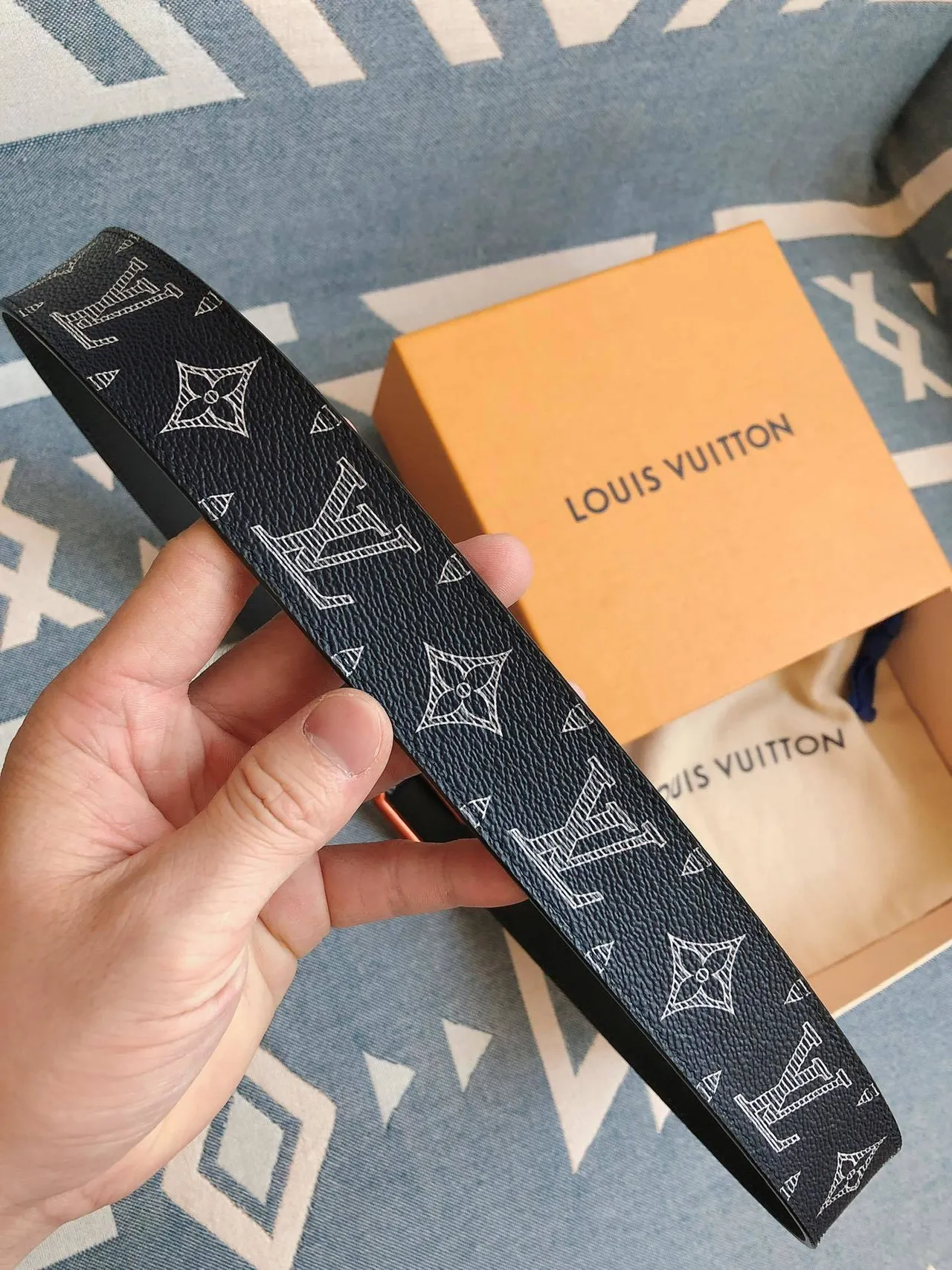 Louis Vuitton Navy Brown Monogram-Printed Copper-Tone Rectangular Buckle Leather Belt 4