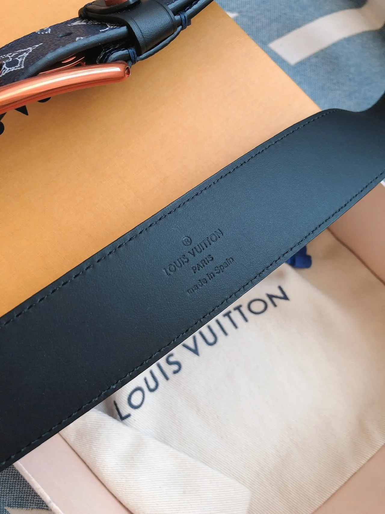 Louis Vuitton Navy Brown Monogram-Printed Copper-Tone Rectangular Buckle Leather Belt 5