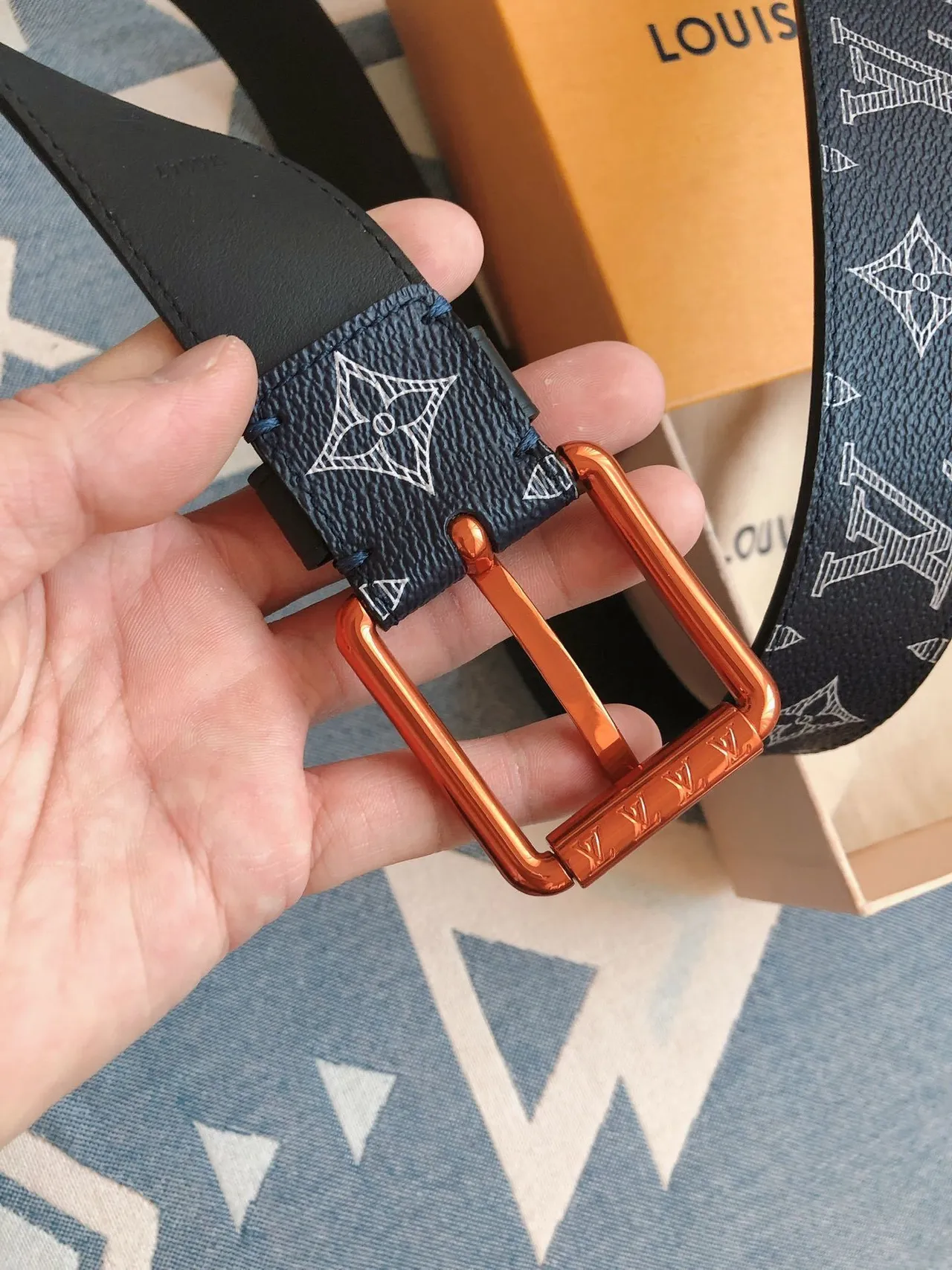 Louis Vuitton Navy Brown Monogram-Printed Copper-Tone Rectangular Buckle Leather Belt 6