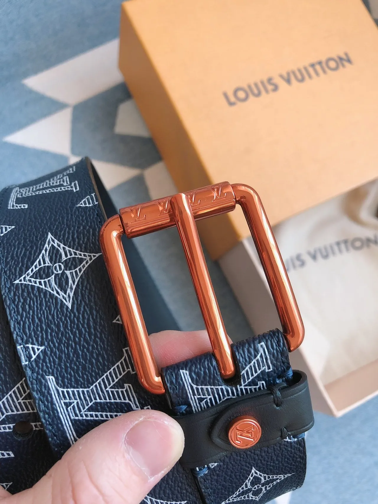 Louis Vuitton Navy Brown Monogram-Printed Copper-Tone Rectangular Buckle Leather Belt 7