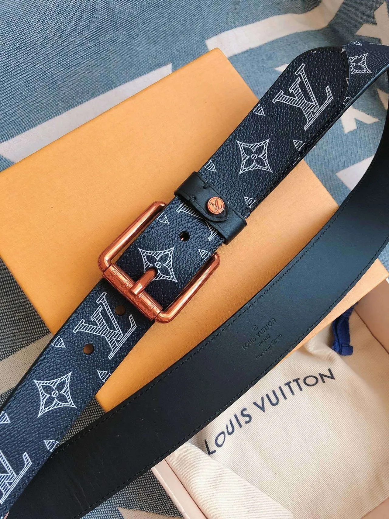 Louis Vuitton Navy Brown Monogram-Printed Copper-Tone Rectangular Buckle Leather Belt 8