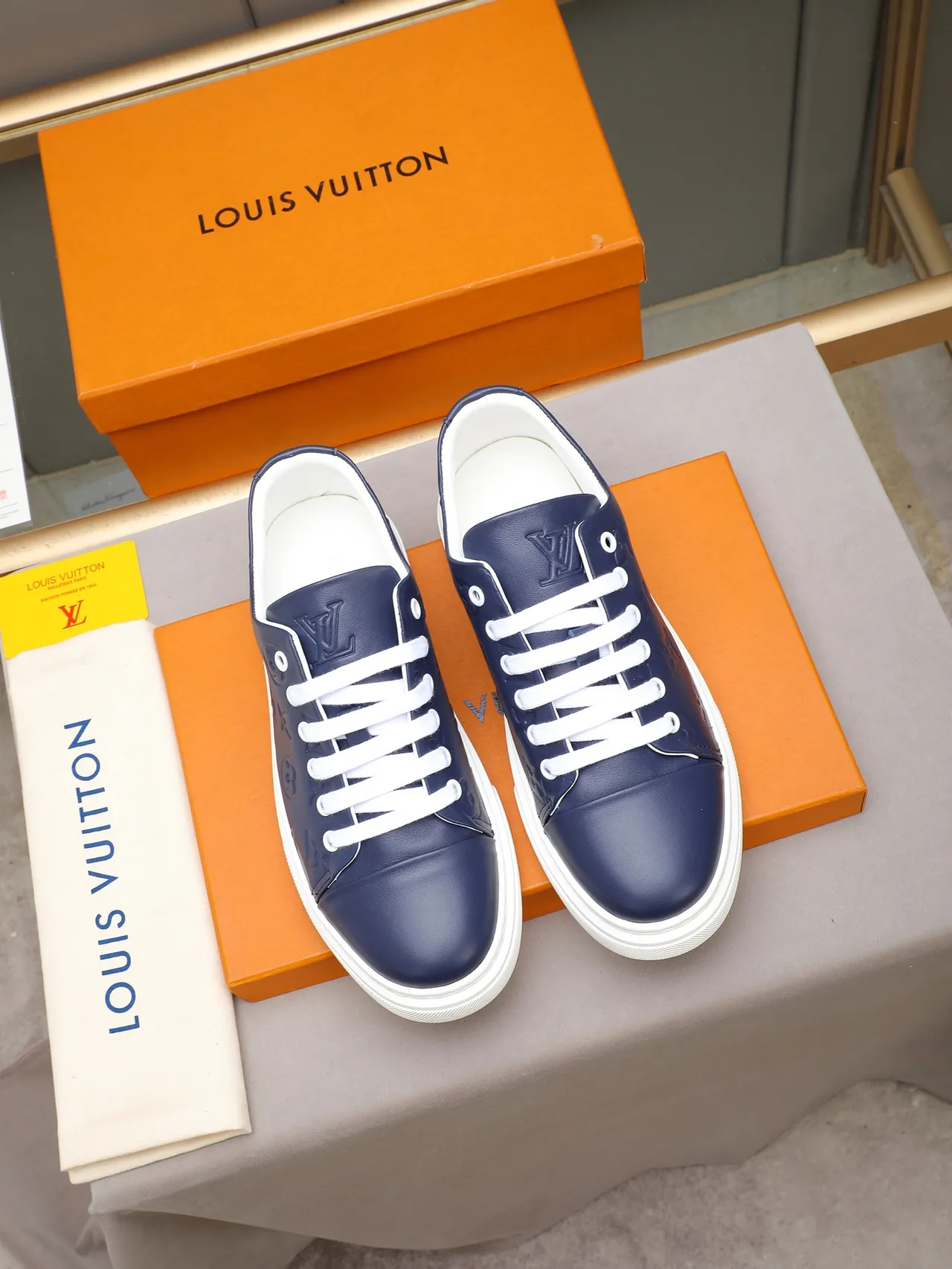 Louis Vuitton Navy White Embossed Monogram Leather Low-Top Platform Lifestyle Sneakers 2