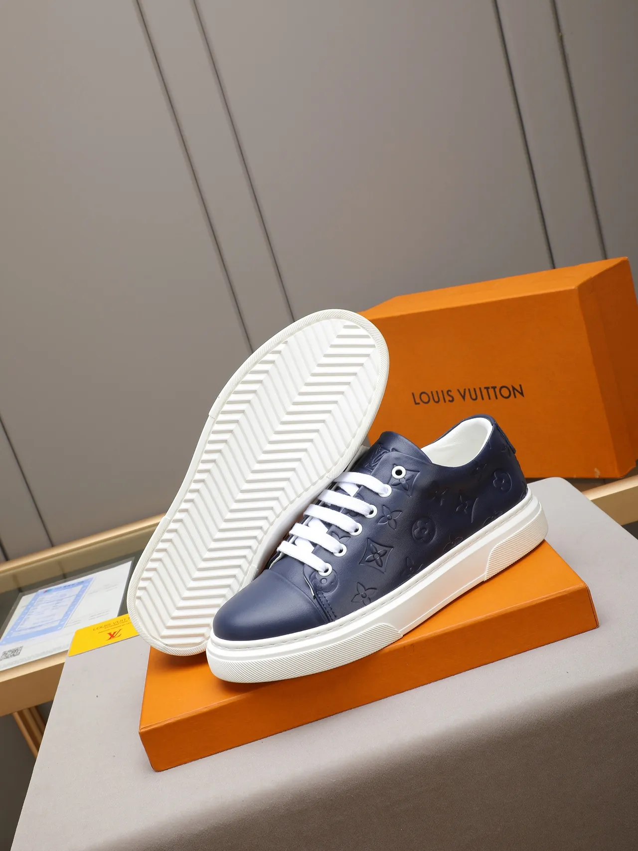 Louis Vuitton Navy White Embossed Monogram Leather Low-Top Platform Lifestyle Sneakers 4
