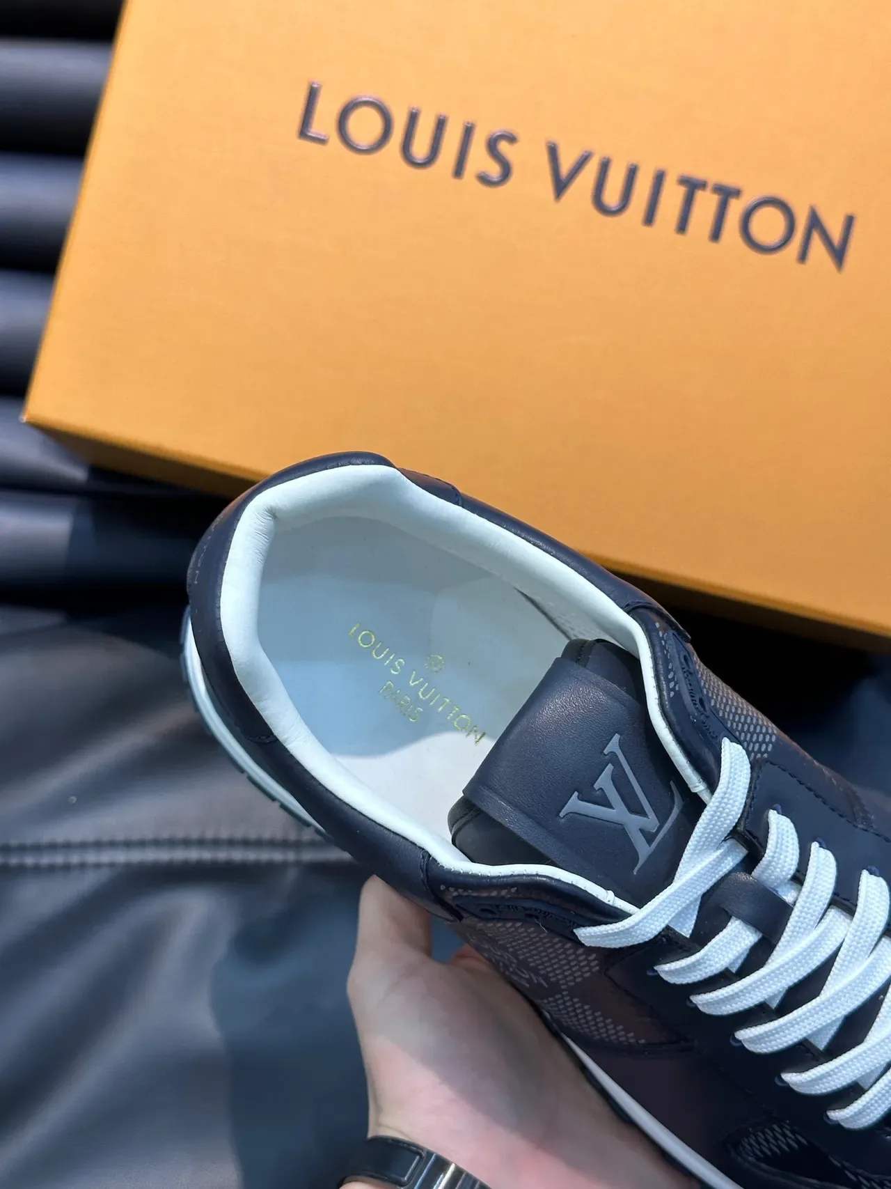 Louis Vuitton Navy White Leather-Mesh Hybrid Monogram-Tongue Detail Lifestyle Sneakers 2