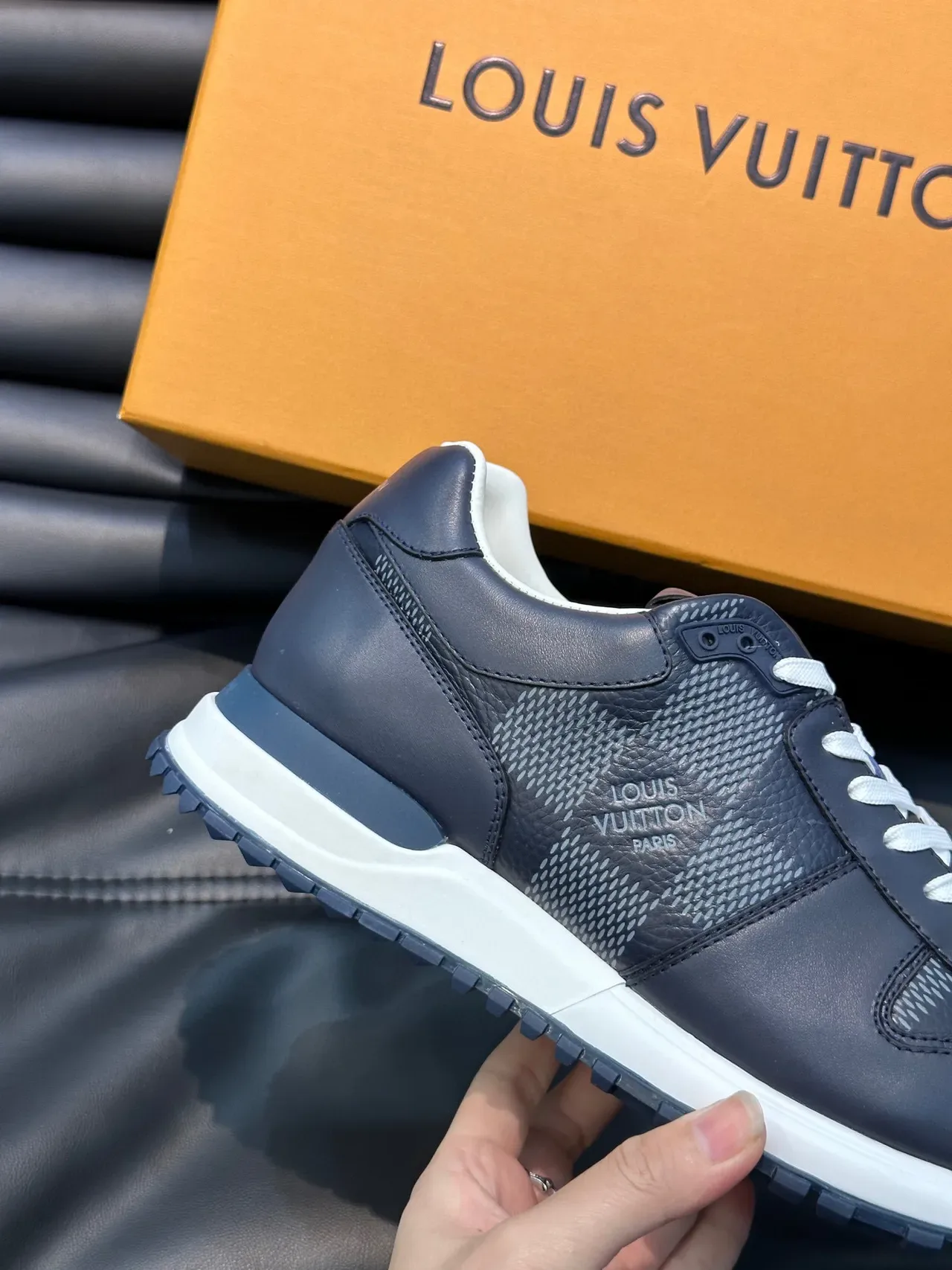 Louis Vuitton Navy White Leather-Mesh Hybrid Monogram-Tongue Detail Lifestyle Sneakers 4