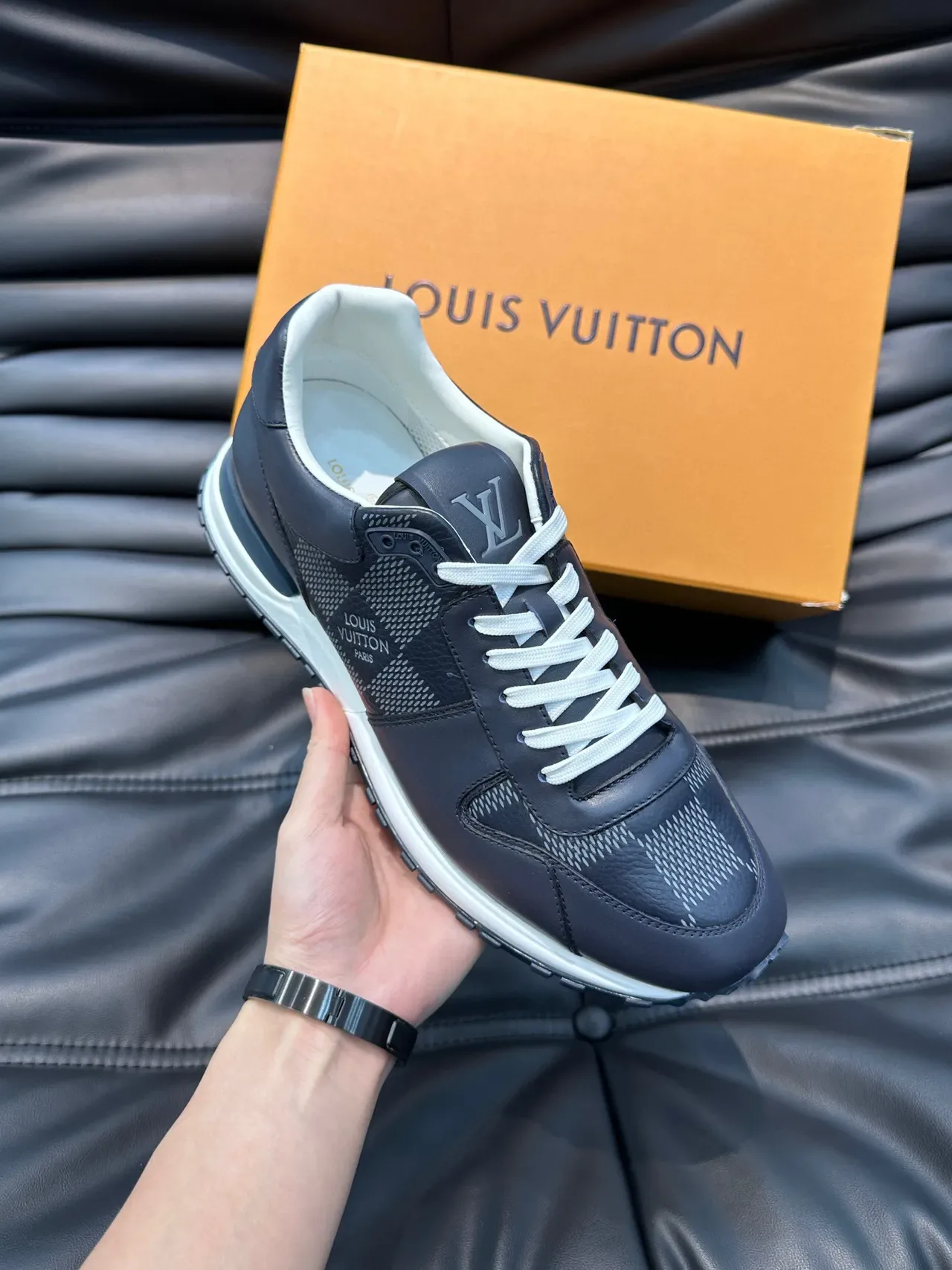 Louis Vuitton Navy White Leather-Mesh Hybrid Monogram-Tongue Detail Lifestyle Sneakers 6