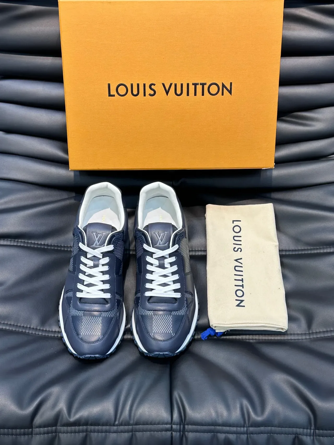 Louis Vuitton Navy White Leather-Mesh Hybrid Monogram-Tongue Detail Lifestyle Sneakers 7