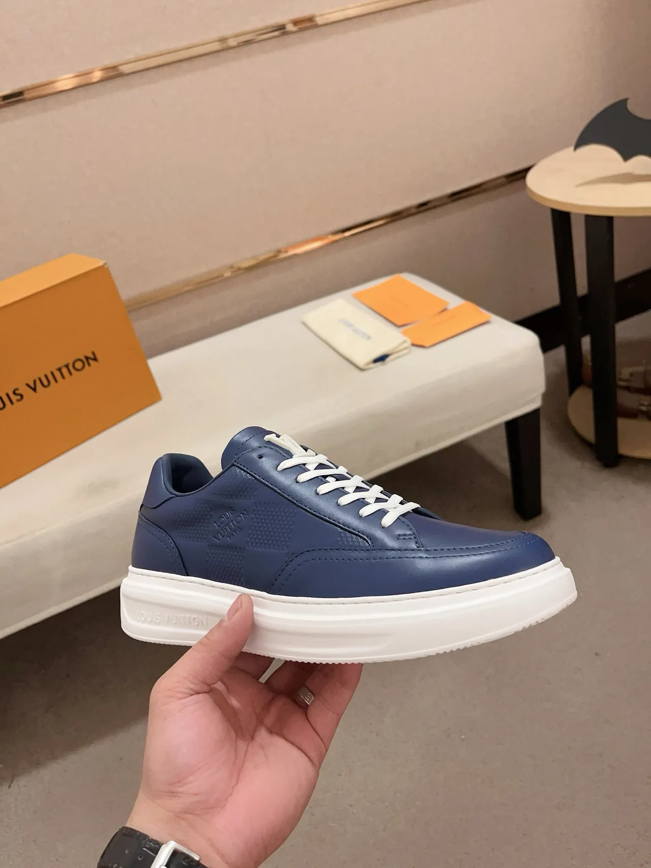 Louis Vuitton Navy White Smooth Leather Upper Embossed Logo Panel Lifestyle Sneakers 4