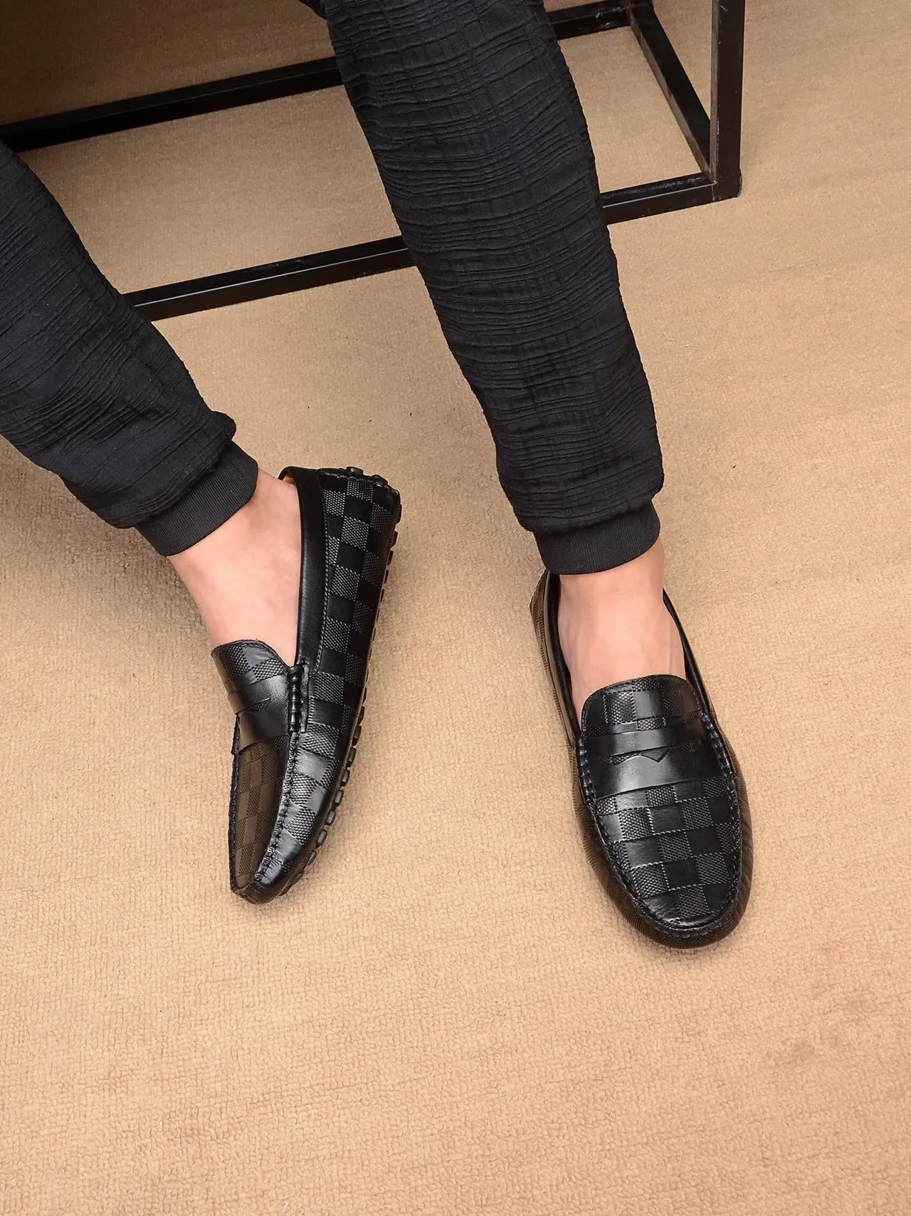Louis Vuitton Penny Loafer काला बेज बुनकर चेकरबोर्ड लेदर स्ट्रैप लोफर 2