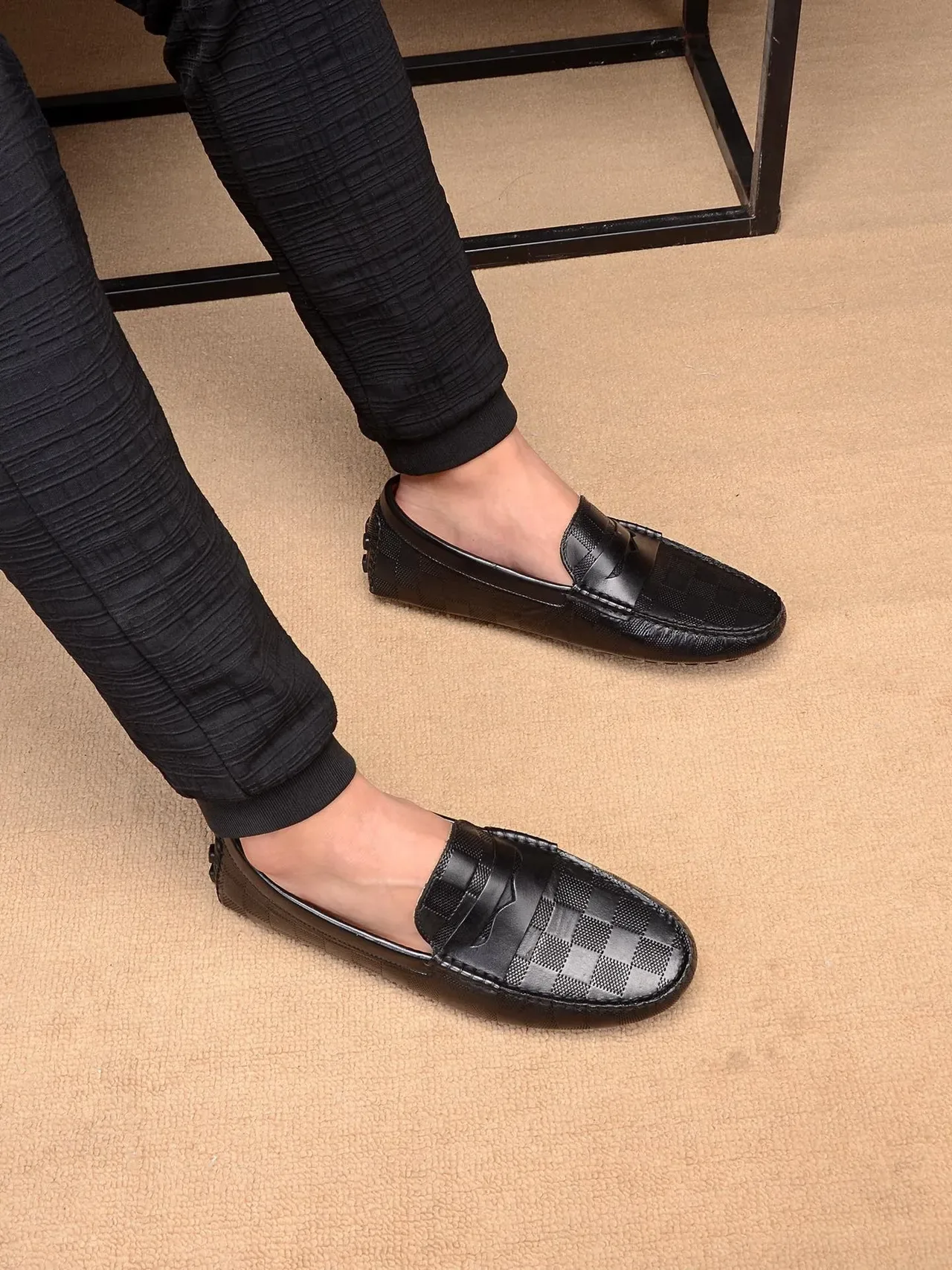 Louis Vuitton Penny Loafer काला बेज बुनकर चेकरबोर्ड लेदर स्ट्रैप लोफर 3