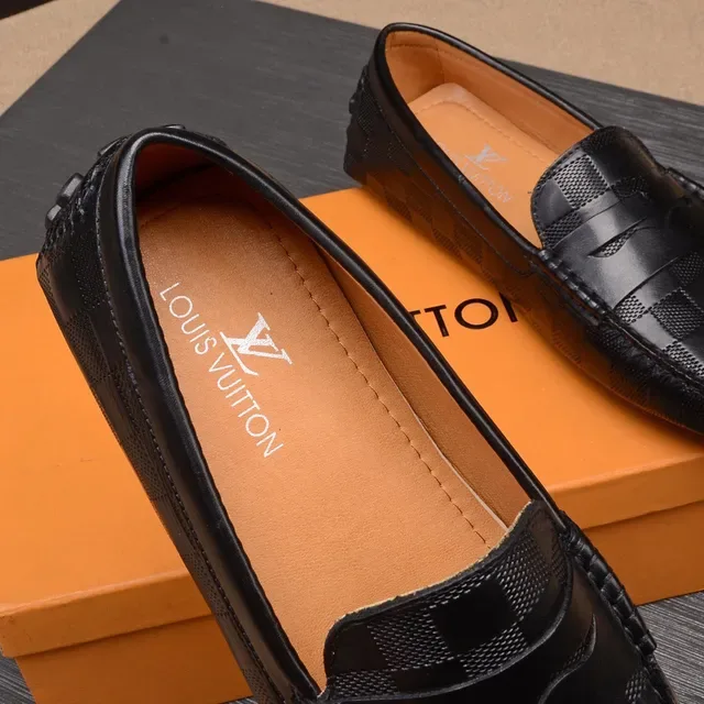 Louis Vuitton Penny Loafer काला बेज बुनकर चेकरबोर्ड लेदर स्ट्रैप लोफर 4