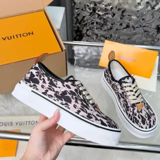 Louis Vuitton Pink Black Leopard-Print Canvas Upper Thick White Platform Sole Lifestyle Sneakers