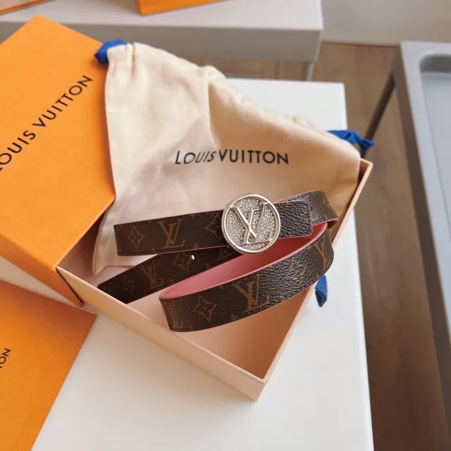 Ceinture en cuir Louis Vuitton monogramme canvas rose marron boucle cristal pavé 6