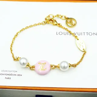 Louis Vuitton Pink Enamel LV Disc Pearl Charm Bracelet