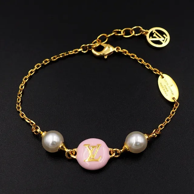Louis Vuitton Pink Enamel LV Disc Pearl Charm Bracelet 4