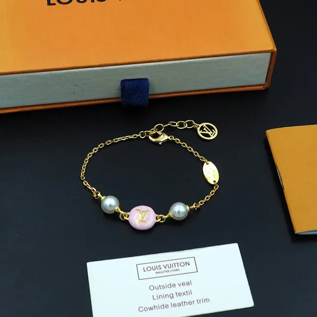 Louis Vuitton Pink Enamel LV Disc Pearl Charm Bracelet 6