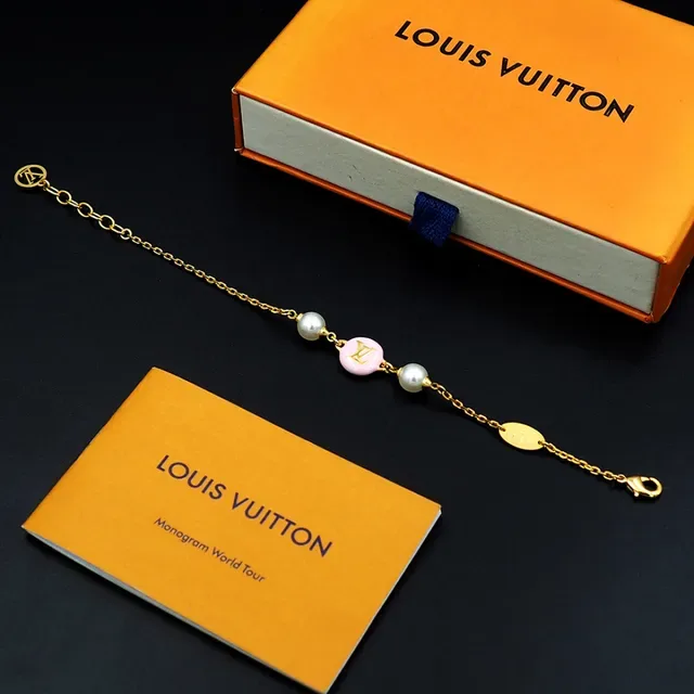 Louis Vuitton Pink Enamel LV Disc Pearl Charm Bracelet 7