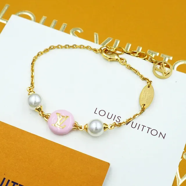 Louis Vuitton Pink Enamel LV Disc Pearl Charm Bracelet 8