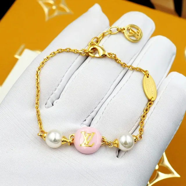 Louis Vuitton Pink Enamel LV Disc Pearl Charm Bracelet 9